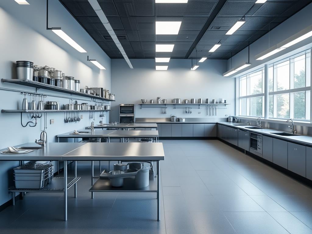 Modern industrial kitchen with stainless steel countertops, shelving, and appliances, featuring large windows and ample workstations.