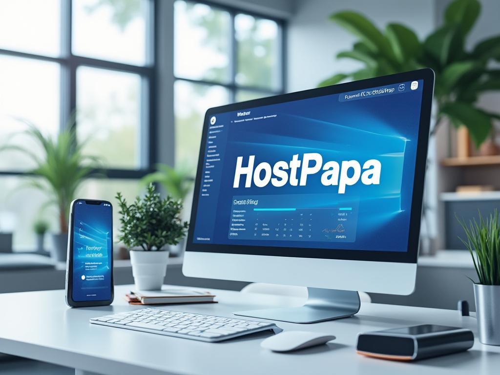 Modern home office setup with a desktop computer displaying HostPapa website interface and a smartphone, surrounded by plants and desk accessories.