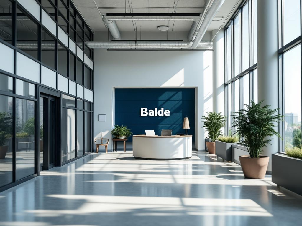 Modern office lobby with large windows, potted plants, and a reception desk under the sign 'Balde'.