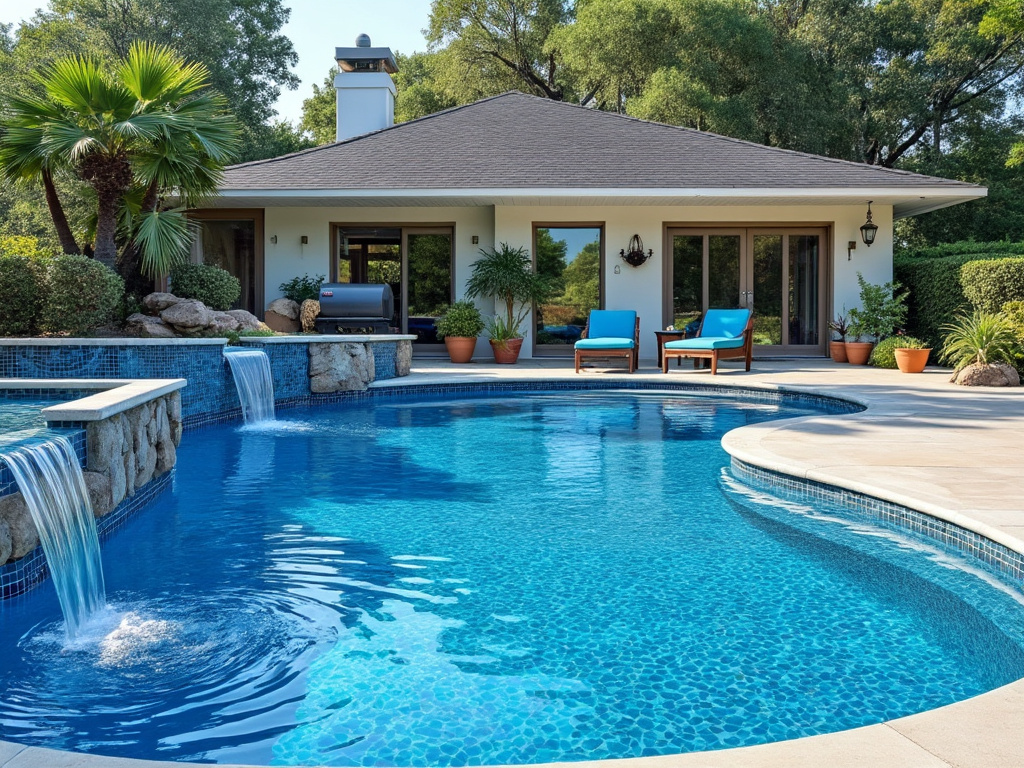 Luxurious backyard with a pristine blue swimming pool, waterfall feature, lounge chairs, and lush greenery surrounding a modern house.
