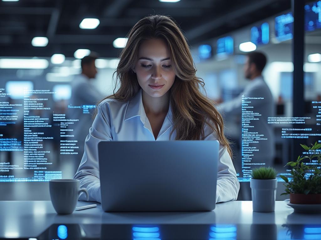 Woman in a bright office setting working on a laptop, surrounded by digital code overlays and modern technology elements.