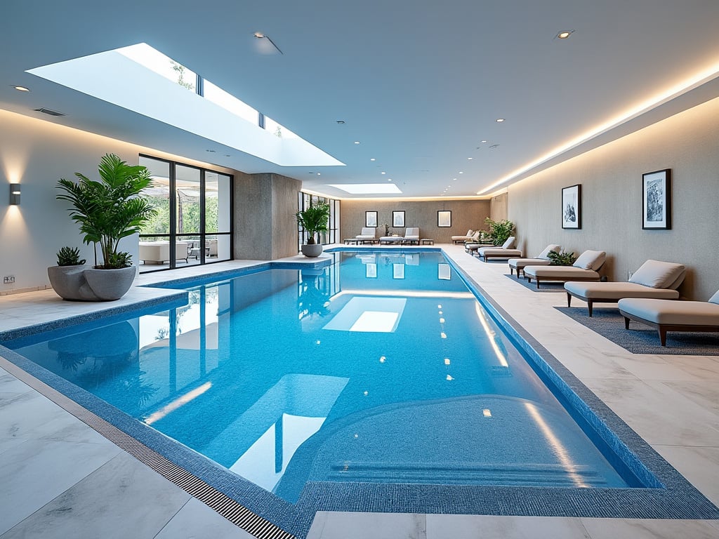 Luxurious indoor swimming pool with skylights, lounge chairs, and potted plants, featuring elegant decor and modern design.