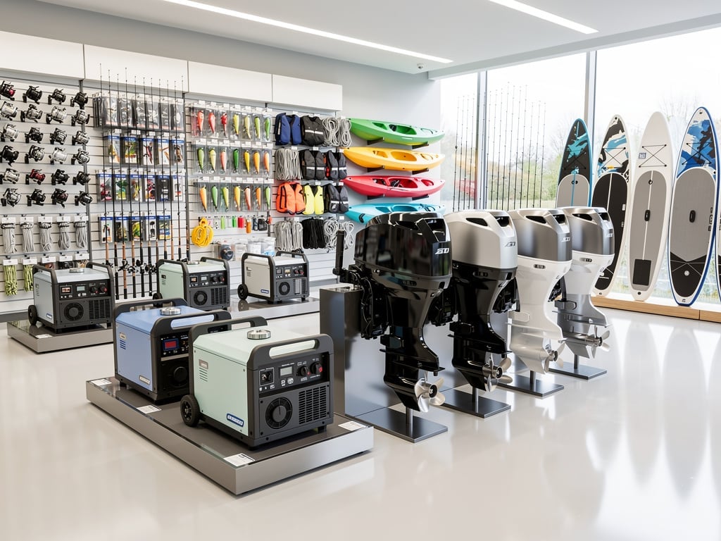 Modern marine outdoor equipment store with outboard motors, kayaks, paddleboards, fishing gear, and portable generators on display