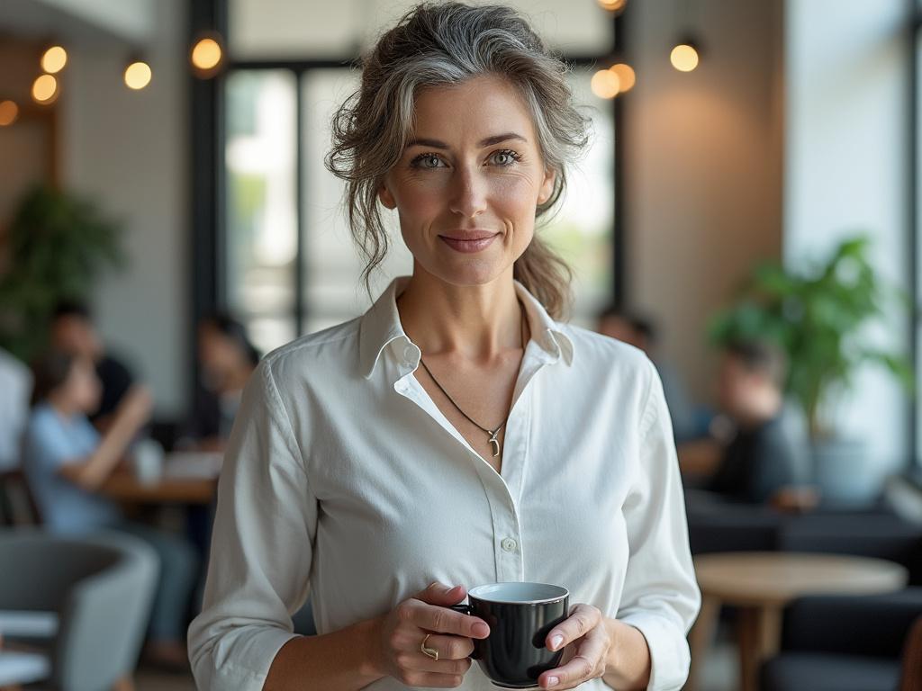 Woman in white shirt holding coffee in modern cafe with blurred people and plants in background.
