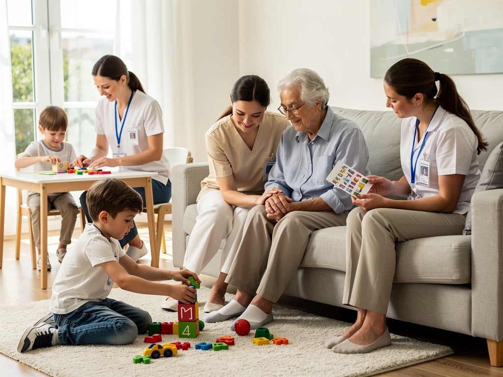 Caregivers assisting elderly woman and children with play therapy in bright home care setting