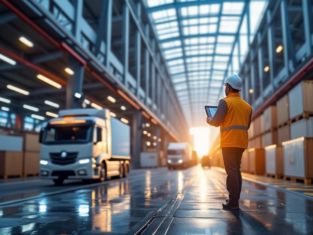 Warehouse worker in safety vest using tablet while observing cargo trucks in a modern warehouse with bright lighting.
