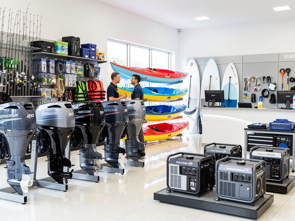 Modern marine supply store showroom with outboard motors, kayaks, paddleboards, fishing gear, and portable generators