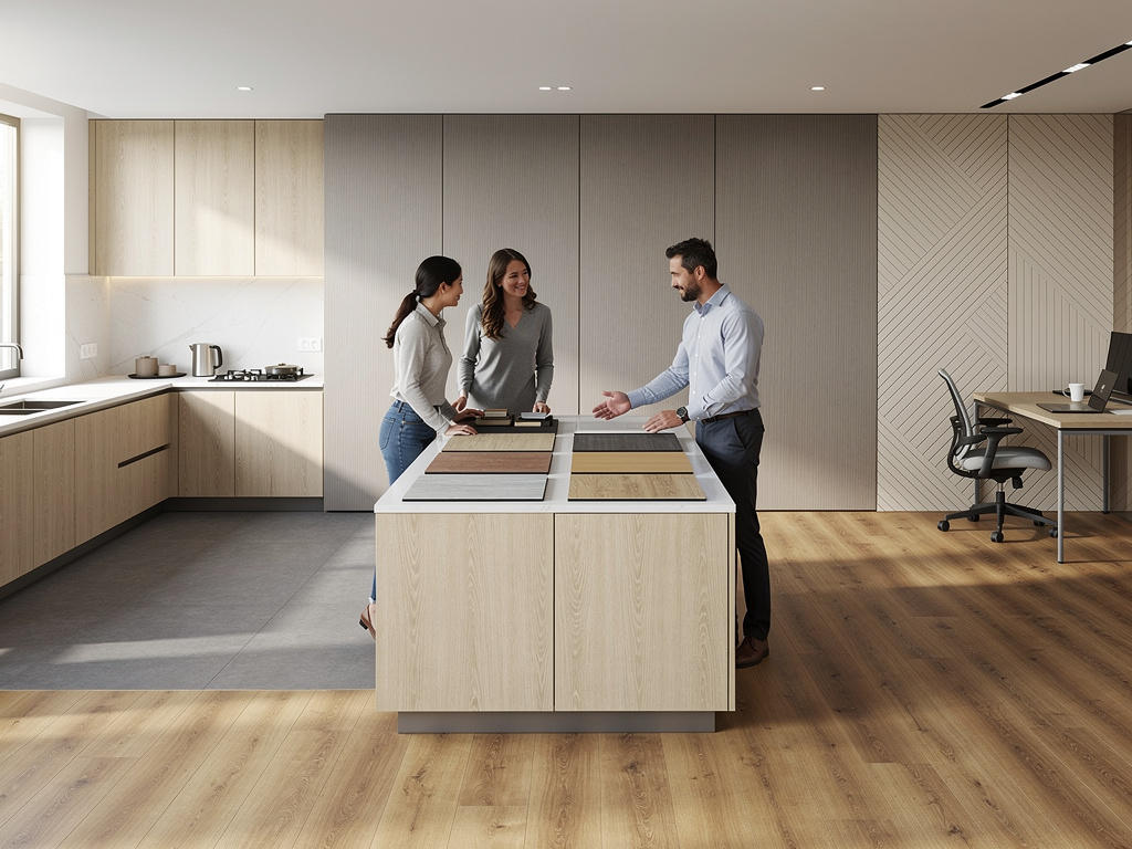 Interior design consultation in modern kitchen showroom with clients reviewing wood and tile samples
