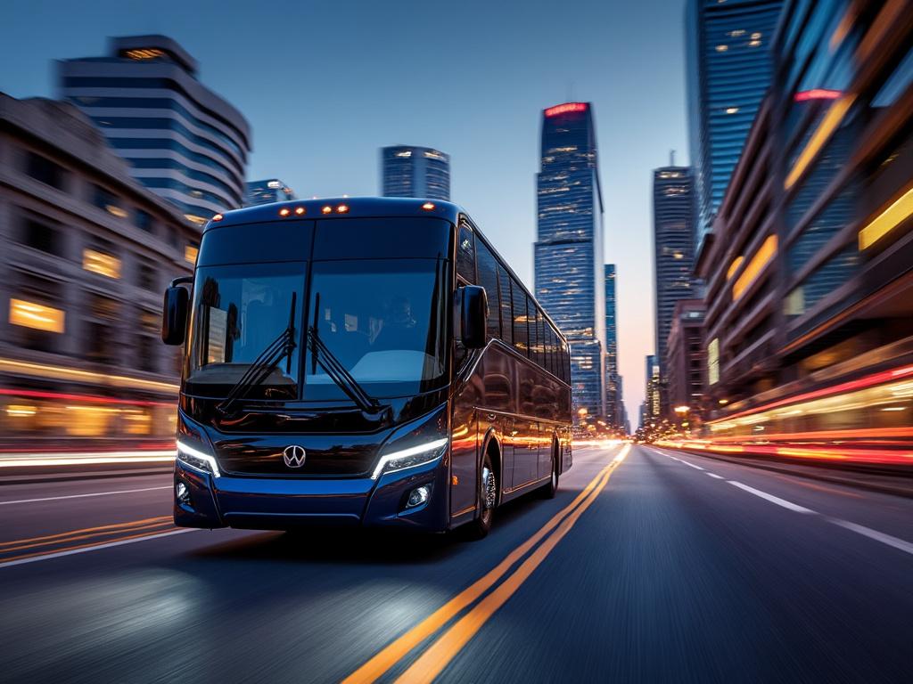 Modern luxury bus driving through a cityscape at dusk with blurred lights and towering skyscrapers.