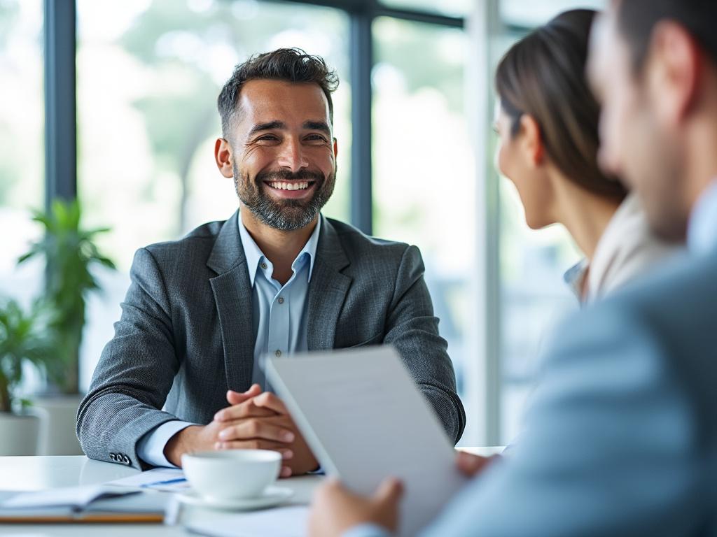 Smiling businessman in a suit during a meeting, sitting at a table with colleagues in a bright office environment.