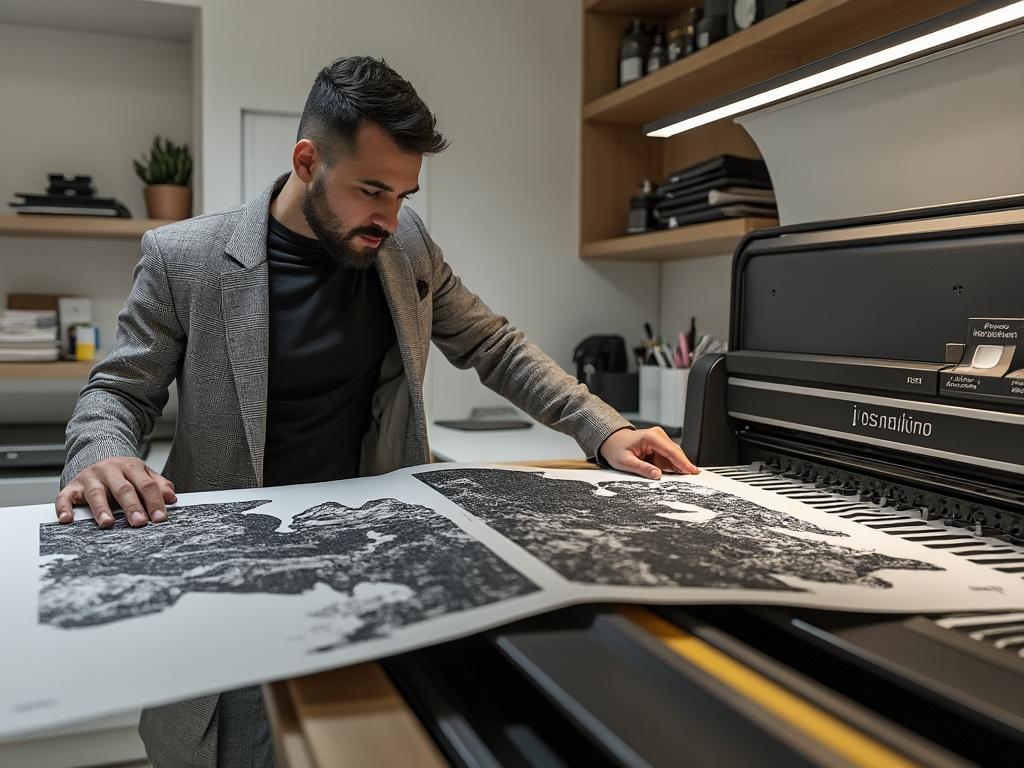 Man in a gray blazer reviewing large black and white prints from a printer in a modern office setting.