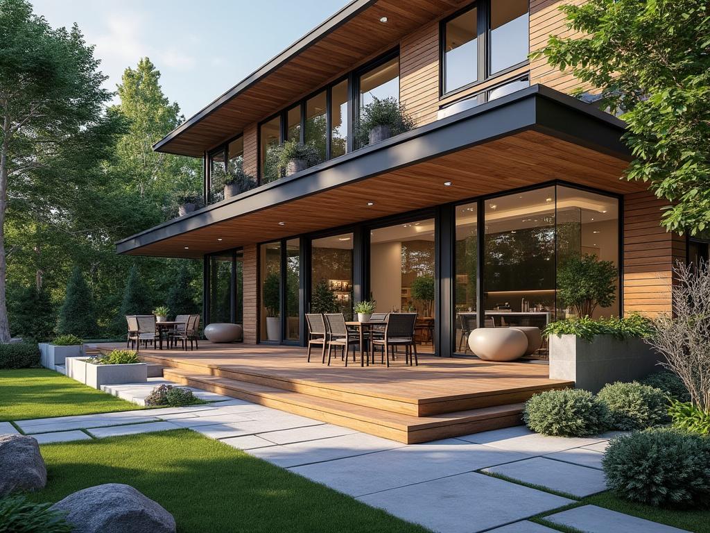 Modern two-story wooden house with a spacious deck, elegant outdoor dining area, large glass windows, and lush green garden surrounded by trees.