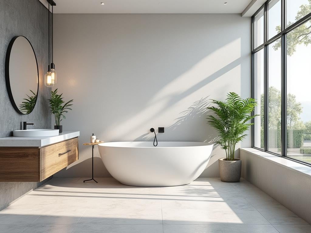 Modern bathroom with a freestanding white tub, large windows, minimalist wood vanity, round mirror, and indoor plants.