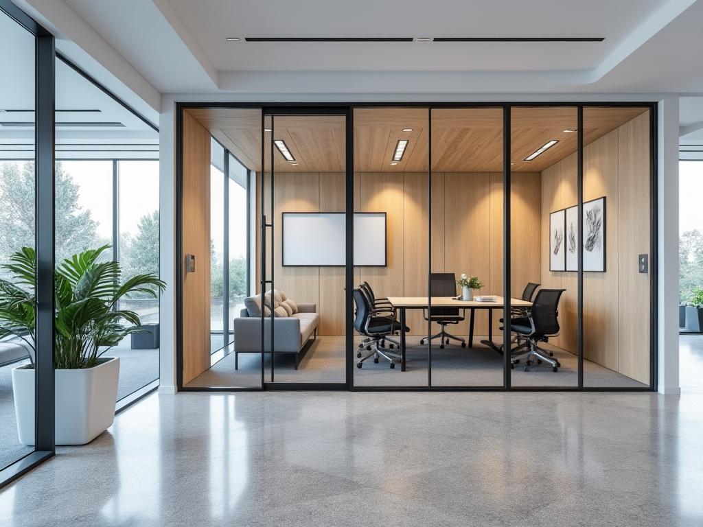 Moderna sala de reuniones con paredes de cristal, mesa de conferencia, sillas negras, y plantas decorativas.