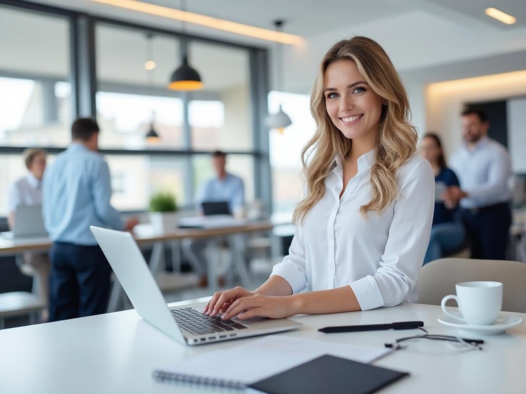 Smiling woman working on a laptop in a modern office with colleagues in the background.