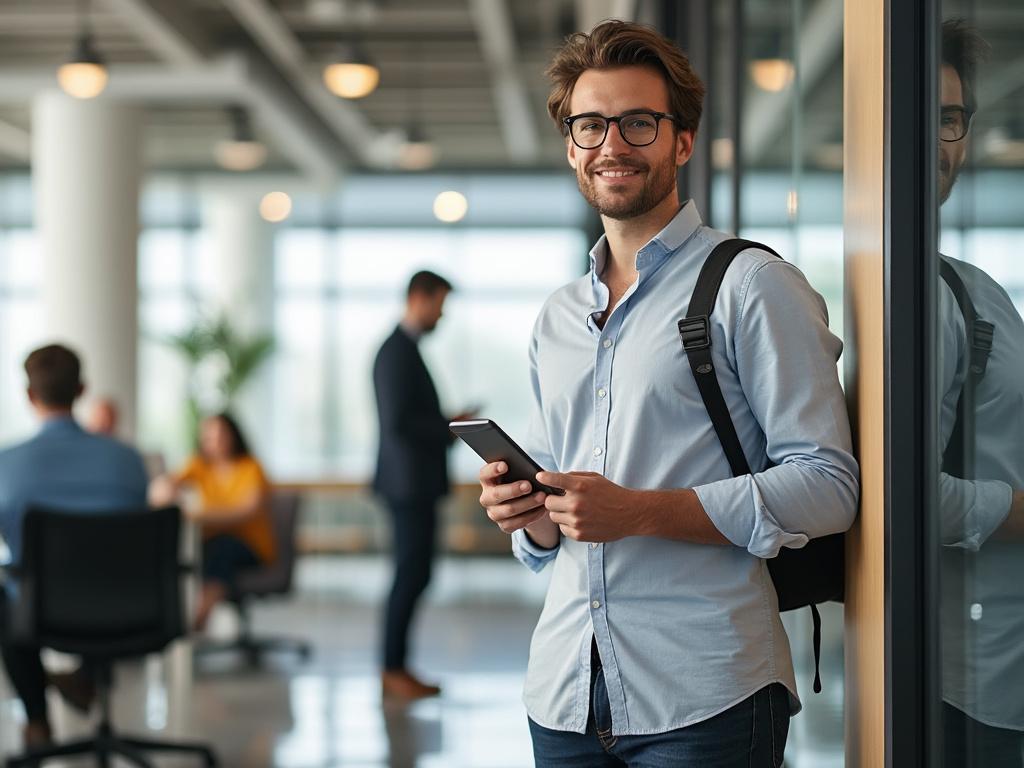 Smiling man with glasses holding smartphone and backpack in modern office setting.