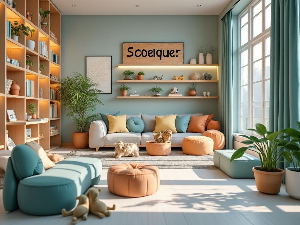 Modern living room with teal walls, large windows, and wooden shelves; stylish white sofa with colorful cushions, orange poufs, green plants, and decorative items.