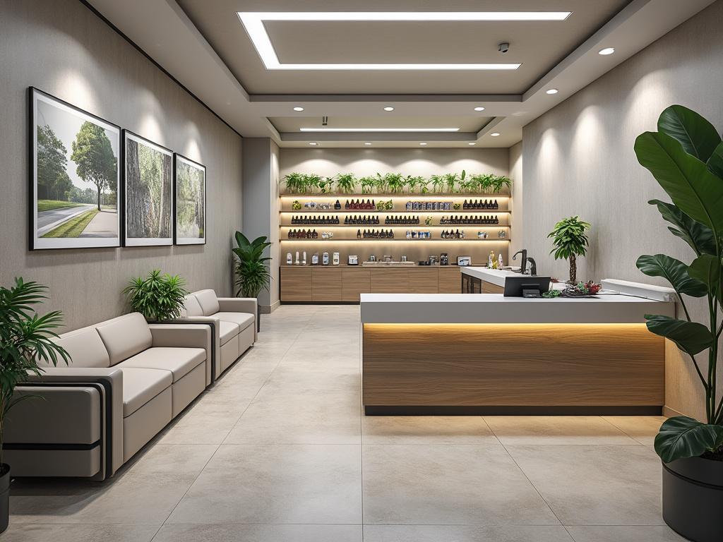 Modern reception area with beige sofas, indoor plants, and a wooden counter with shelves displaying products.