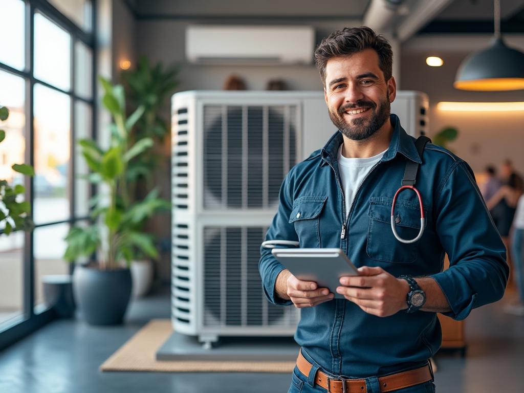 Smiling technician with tablet standing indoors beside large ventilation unit and plants.