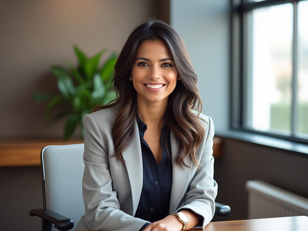 Smiling woman in business attire sitting at a desk in a modern office with large windows and a potted plant in the background.