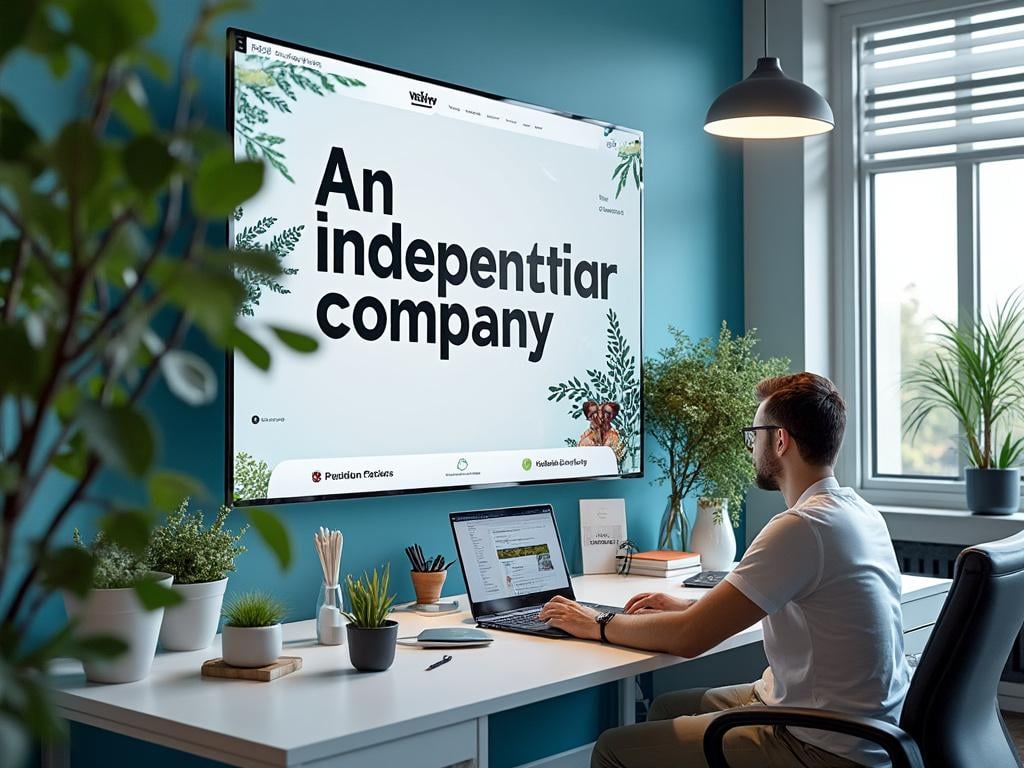 Man working on a laptop in a modern office with green plants and a large screen displaying 'An independent company.
