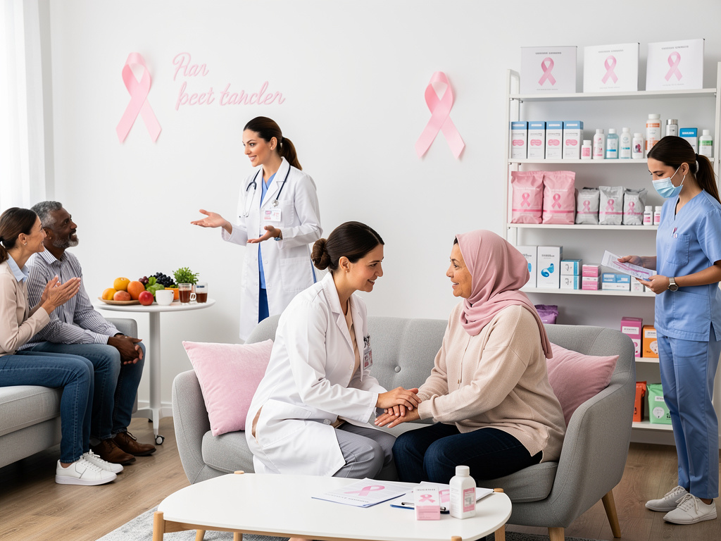Breast cancer awareness clinic with doctors counseling patients, pink ribbons, and support resources