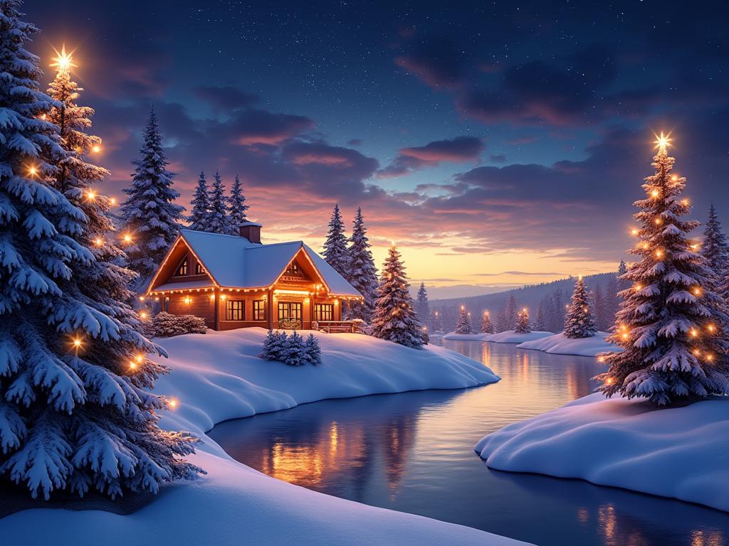 Cozy cabin with Christmas lights by a snowy riverbank surrounded by illuminated pine trees under a starlit evening sky.
