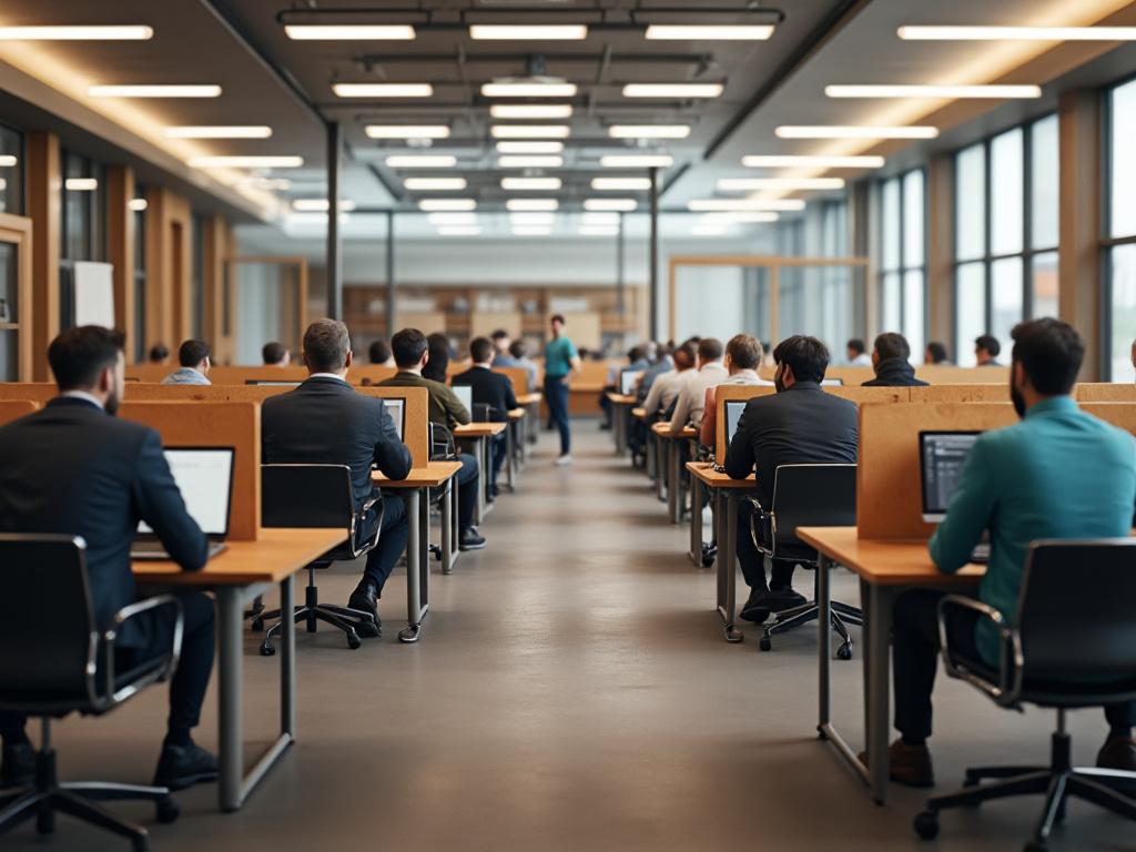 Spacious modern office with rows of employees working on laptops at wooden desks and large windows letting in natural light.