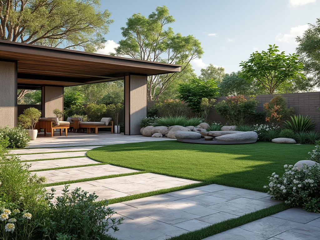 Modern backyard with lush garden, stone pathway, and a covered patio area with outdoor furniture.