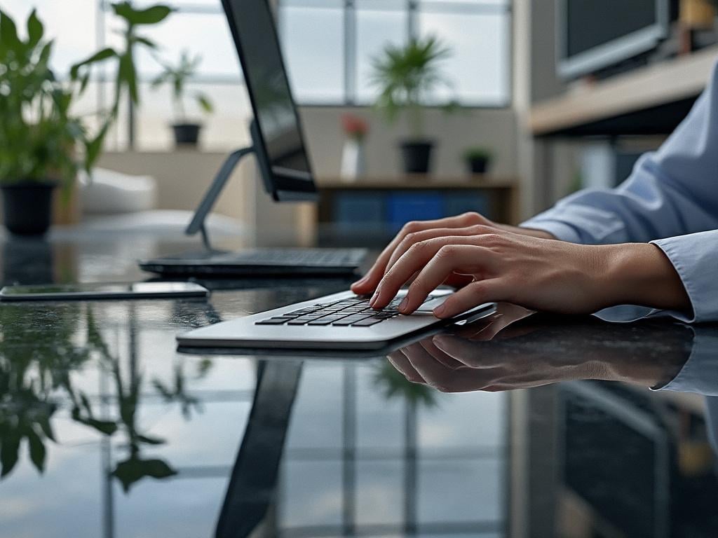 Person typing on a wireless keyboard in a modern office with plants and computer monitor in the background.