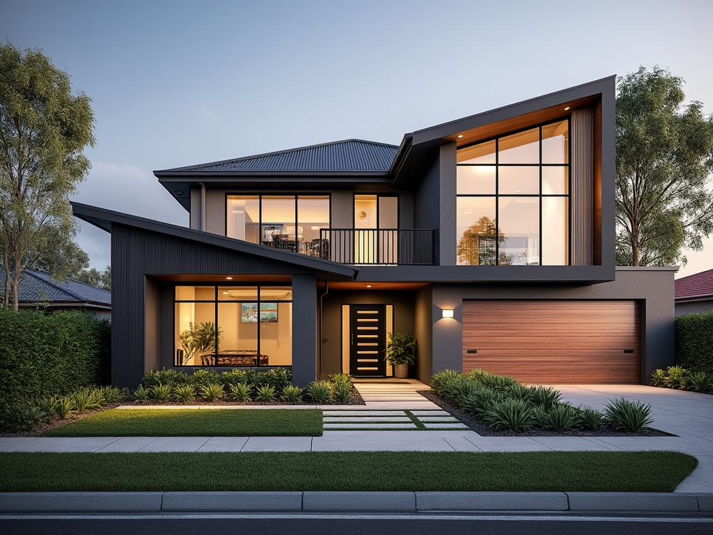 Modern two-story house with large windows, wooden garage door, and landscaped front yard at dusk.