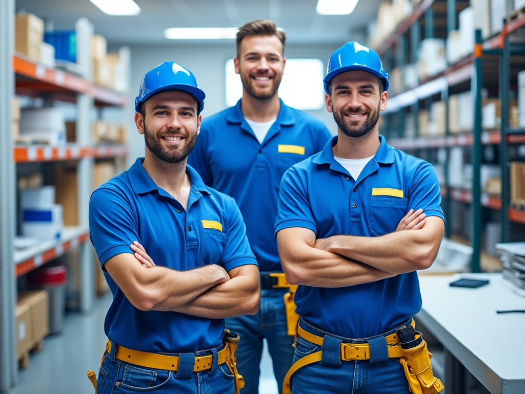 Three smiling warehouse workers in blue uniforms and hard hats standing with crossed arms in a storage facility.