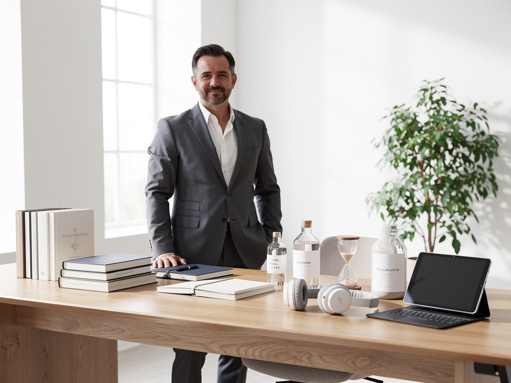 Smiling businessman in gray suit standing at modern office desk with books, tablet, headphones, bottles, and indoor plant