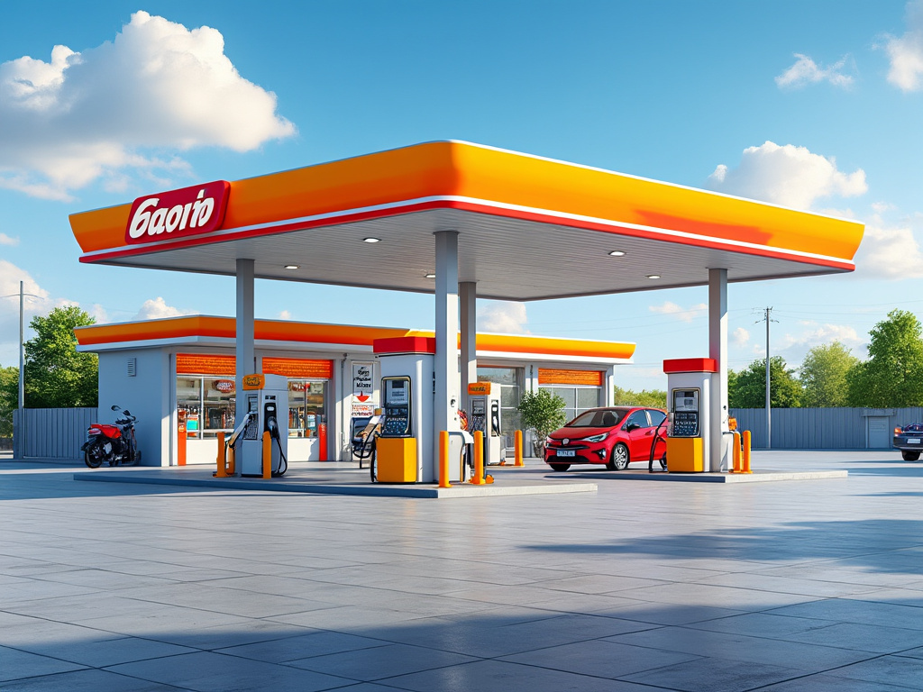 Modern gas station with red car and motorcycle under bright orange canopy on a sunny day.