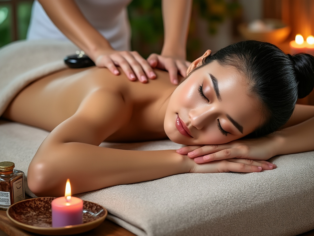 Relaxing spa massage with woman lying on massage table, therapist's hands applying pressure, serene setting with lit candle and essential oils.