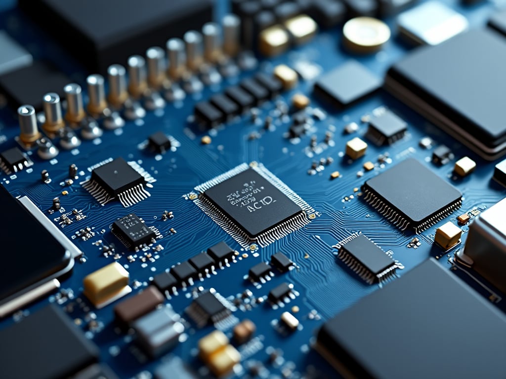 Close-up of a blue circuit board featuring microchips, capacitors, and electronic components.