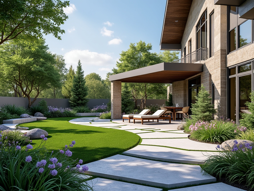 Modern backyard patio with lounge chairs, a wooden pergola, manicured lawn, stone walkway, and lush greenery.