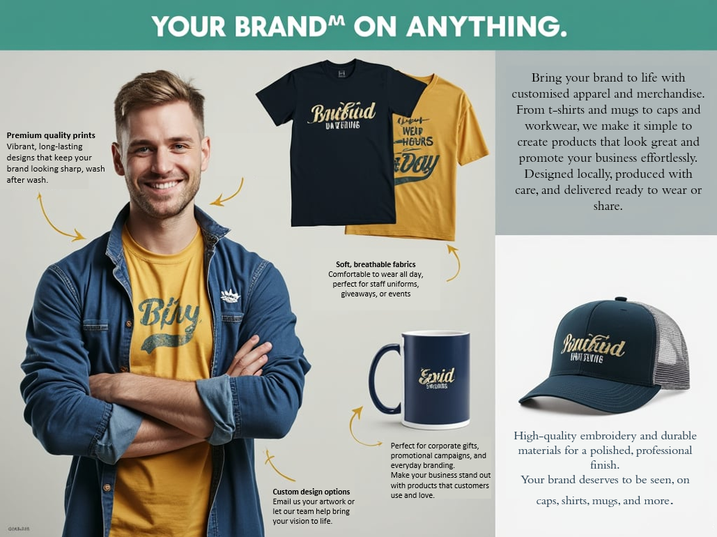 Promotional image featuring a man in a branded shirt, surrounded by customizable merchandise such as t-shirts, a coffee mug, and a cap with placeholder text, emphasizing brand personalization. Promotional image featuring a man in a branded shirt, surrounded by customizable merchandise such as t-shirts, a coffee mug, and a cap with placeholder text, emphasizing brand personalization.