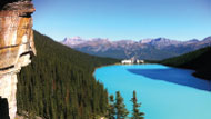 Lake Louise from upper back end view of gorgeous aquamarine waters