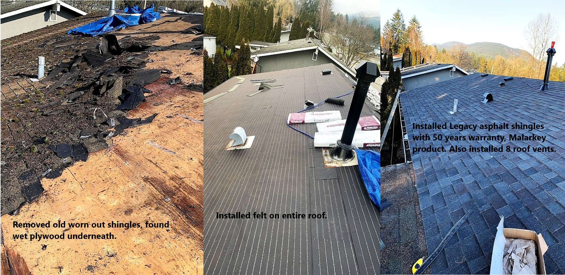 Installed new asphalt roof shingles using Malarkey roof product 50 years warranty