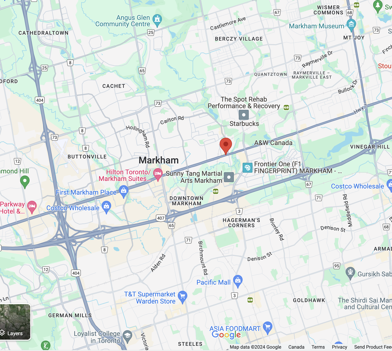 Map of Markham, Ontario showing key locations including highways, hotels, restaurants, and shopping centers.