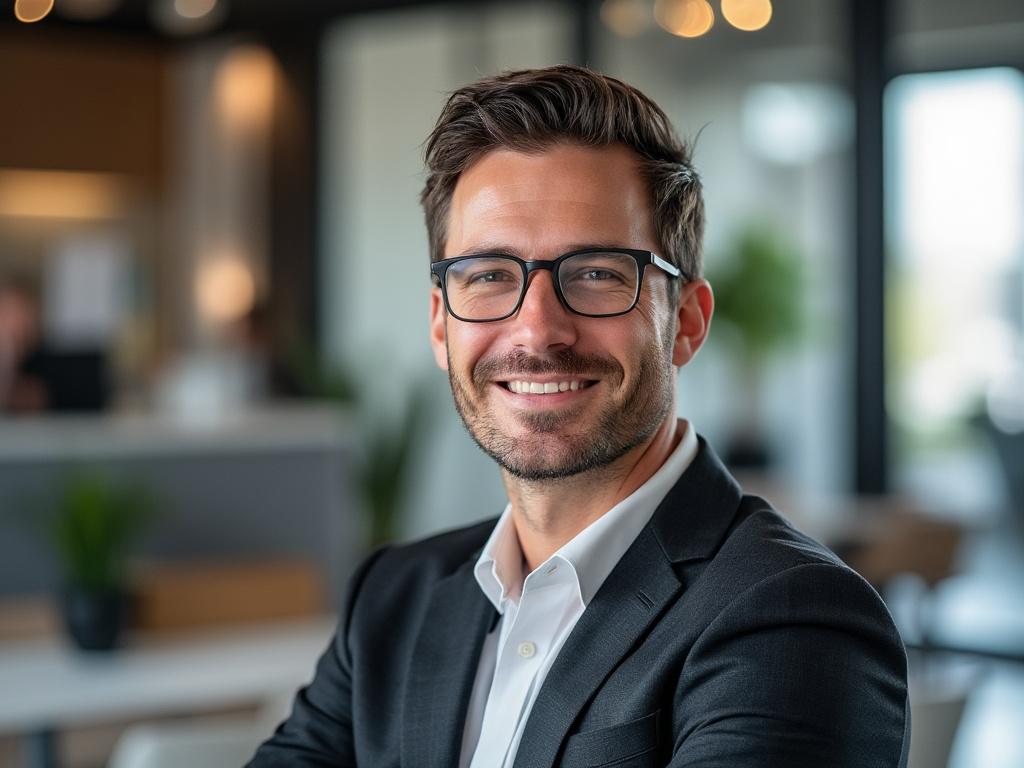 Smiling man in glasses wearing a suit in a modern office setting.
