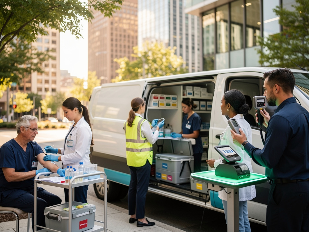 Mobile healthcare team conducting on-site medical testing and vaccination from a van in an urban city setting