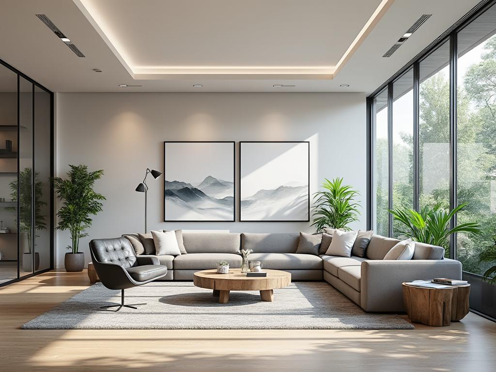 Modern living room with sectional sofa, abstract art, potted plants, and large windows.