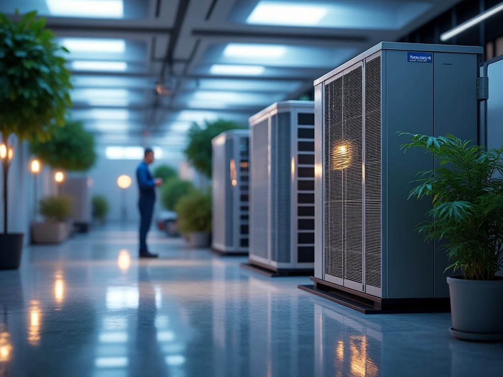 Modern data center interior with server racks, ambient lighting, and green plants; a person stands in the background.