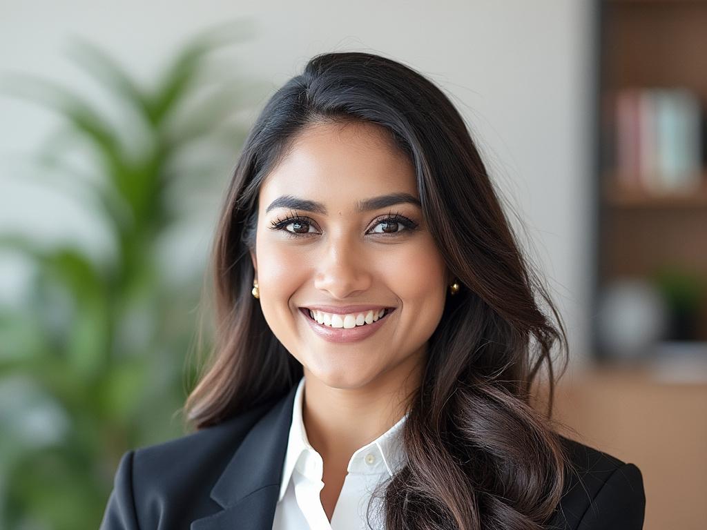 Smiling woman in business attire with a blurred office background.