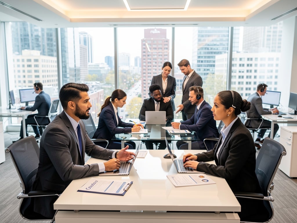 Business professionals collaborating with laptops in a modern corporate office with city skyline view
