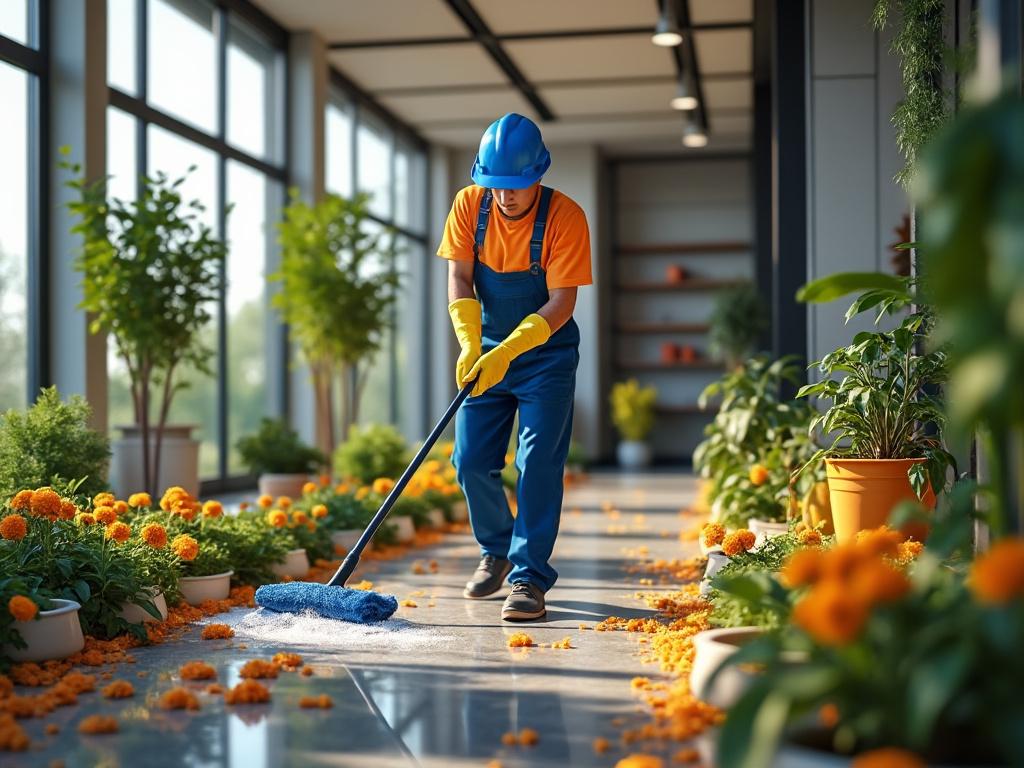 Mann in Arbeitskleidung reinigt Flur mit Pflanzen und Blumen, helle Fenster im Hintergrund.