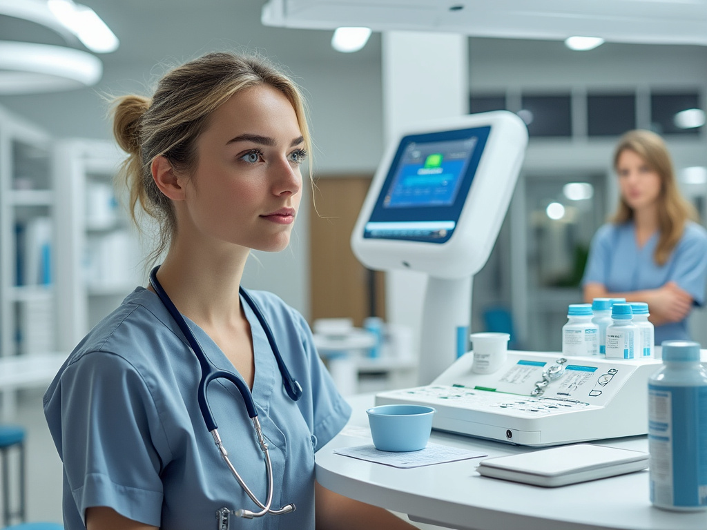 Young female nurse in scrubs working at medical station with equipment and supplies, healthcare setting.