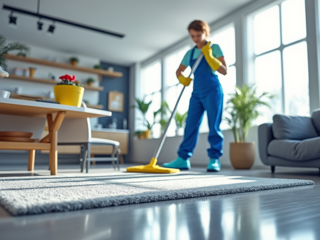 Person cleaning modern living room with mop, wearing blue overalls and yellow gloves, surrounded by sunlight and indoor plants.